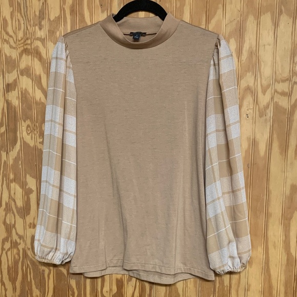 Ann Taylor Tops - Ann Taylor Tan Blouse with Plaid Sleeves